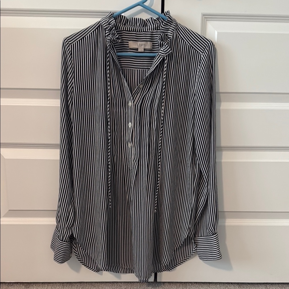 LOFT Blue and White Ruffled Blouse with Mandarin Collar